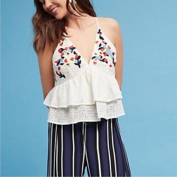 Anthropologie Hemant & Nandita Basanti White Multicolor Eyelet Tie Tank Medium - Picture 13 of 13